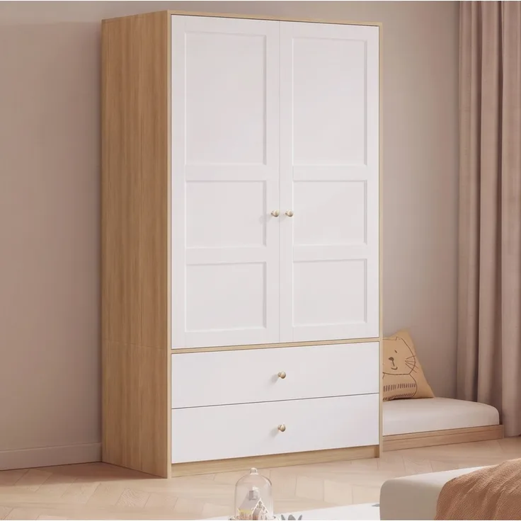 CHICFURN Kleiderschrank 100x180x48 cm aus MDF mit 2 Türen und 2 Schubladen – Natural/Weiß