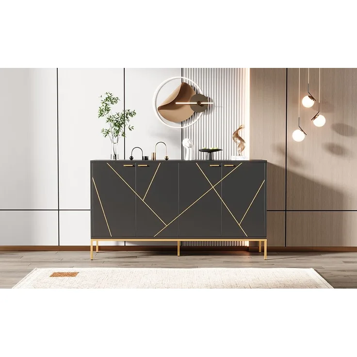 Moderne Kommode Schwarz Gold mit verstellbaren Regalböden und Metallfüßen elegante Aufbewahrungskommode für Wohnzimmer mit Kippsicherung 150 cm Breite Stauraum Möbel europäisches Design Sideboard, 80cmx40cmx150cm
