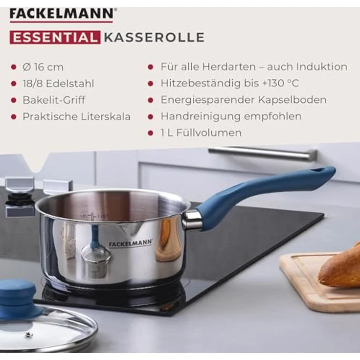 Fackelmann Kasserolle Essential Ø 16 cm, Edelstahl, ergonomischer Bakelit-Griff, für alle Herdarten geeignet, 1,5 L, Blau – Bild 3
