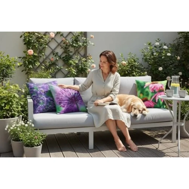 Kleines Outdoor Kissen aus wasserabweisendem Polyester m. Blumenmuster SONNENHUT – Bild 4