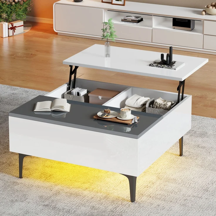 EINHOM 70 x 70 x 35 cm Couchtisch, Höhenverstellbarer Kaffeetisch mit Verstecktem Stauraum und Ablagen, Weißer Hochglanz-Wohnzimmertisch, Schreibtisch mit LED, Sofatisch mit Schubladen – Bild 3