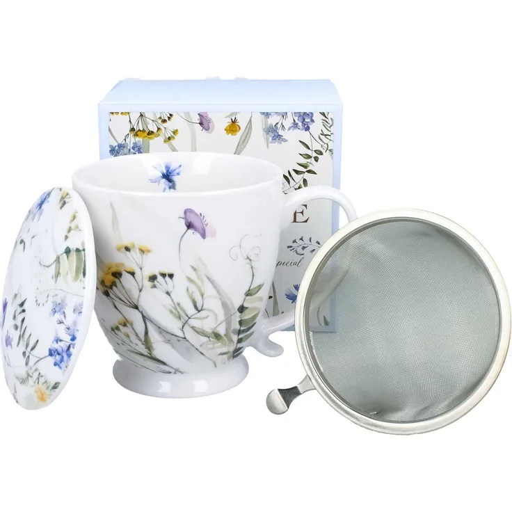 DUO Becher MELODY mit Fuß, 500 ml, inkl. Deckel und Teesieb, New Bone China Porzellan
