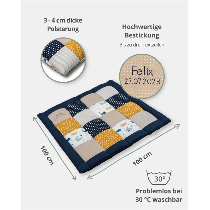 ULLENBOOM Krabbeldecke für Baby mit Personalisierung, 100% OEKO-TEX Materialien, Wale 100x100 cm - Babydecke mit Namen und Datum, ideal als Spieldecke und personalisiertes Baby Geschenk zur Geburt – Bild 2