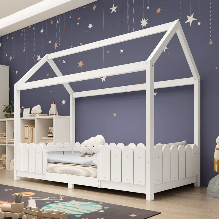 Hausbett mit Lattenrost, 90x200 cm, Kinderbett mit Rausfallschutz, Kiefer – Bild 3