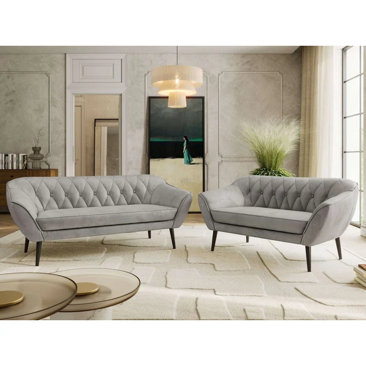 Skandinavisches Sofa Set PIRS 3-2, Komplettset, Wellenfederung, schwarze Füße, Sitzgruppe, Polstermöbel Set - Hellgrau Velvet – Bild 1