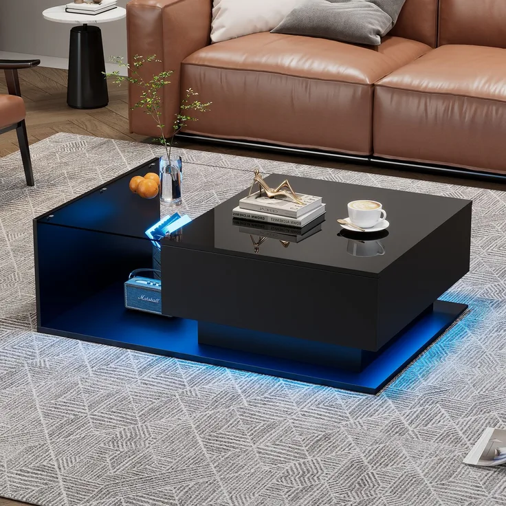 Couchtisch mit Glas, 1 Schublade, LED-Beleuchtung per App steuerbar, 100x50x32 cm, stoßfestes Glas