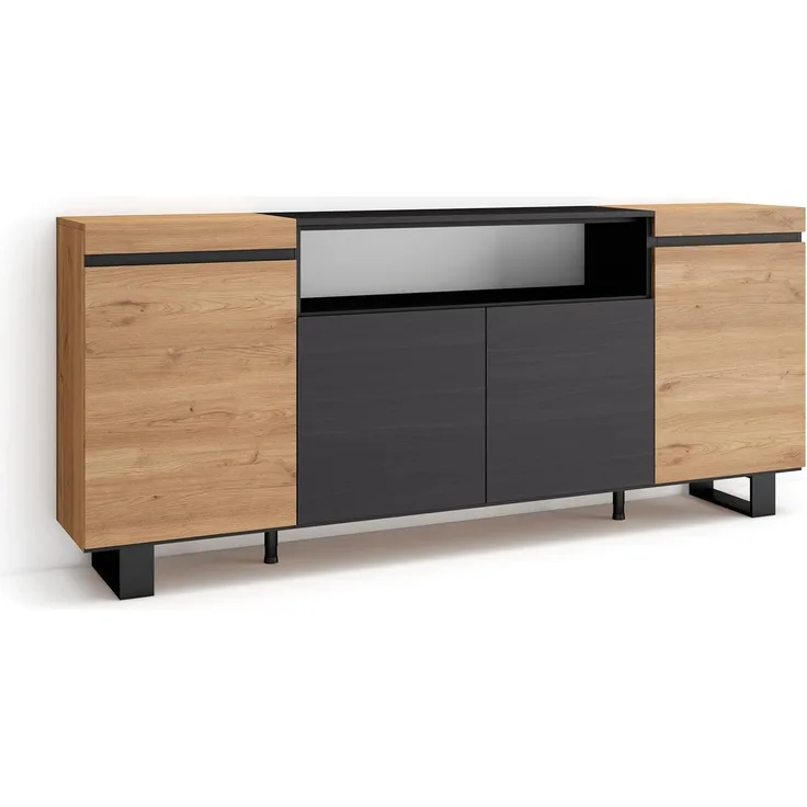 Skraut Home | Sideboard, Highboard | Kommode, Komodenschrank | 200 x 87 x 35 cm | 4 Türen | Industriedesign | Moderner Stil | Eiche Schwarz