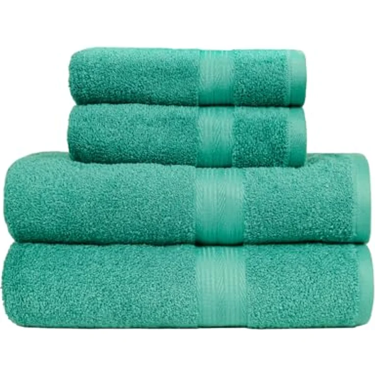 Amazon Basics Handtücher Set, 4-teilig, 100% Baumwolle, Ausbleichbeständig, 2 Badetücher (140 x 70 cm) + 2 Handtücher (50 x 100 cm), Grün – Bild 1