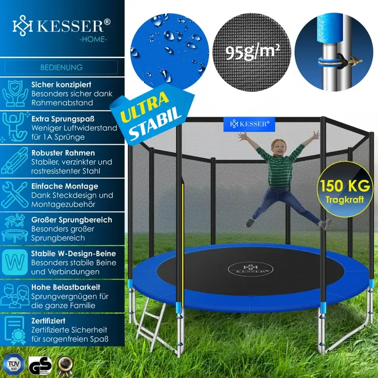 KESSER® - Trampolin | TÜV SÜD GS Zertifiziert | Komplettset mit Sicherheitsnetz, Leiter, Randabdeckung & Zubehör | Kindertrampolin Gartentrampolin Belastbarkeit 150 kg Blau, 305 cm – Bild 9