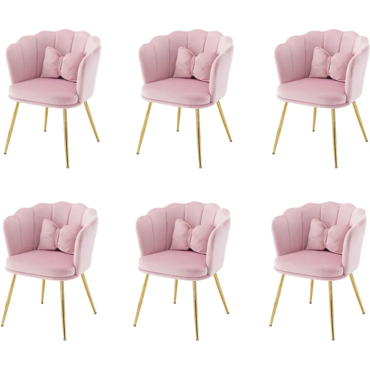 Set aus 6 Samt-Wohnzimmerstühlen mit Blütenblatt-Rückenlehne, 63x58x77 cm, Rosa