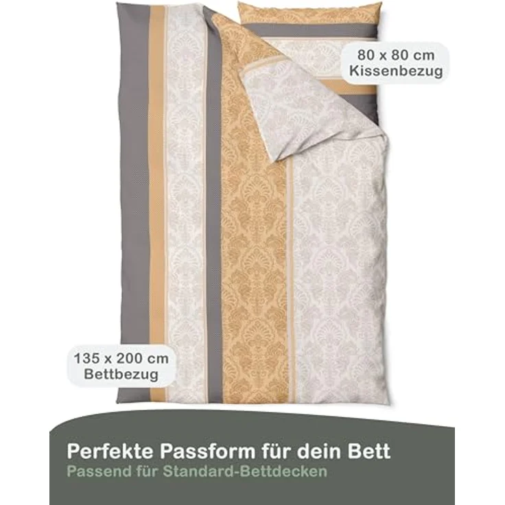LINKHOFF Bettwäsche Biber Bettwäsche 135x200cm Paisley Anthrazit Beige, 100% Baumwolle, Winterbettwäsche Gestreift Sandfarben, Flanell Fein-Biber – Bild 3