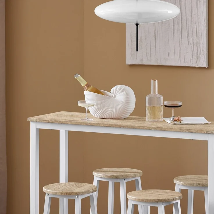 SoBuy OGT22-WN Bartisch-Set mit 4 Hockern, MDF, PVC-Furnier, Weiß, 120 x 100 x 40 cm – Bild 5
