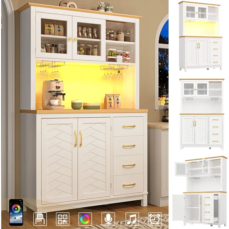 EINHOM Seitenboard / Aufbewahrungsschrank / Küchenschrank / Buffetschrank, 105.5 x 40 x 180 cm, Landhausstil, 4 Türen, mit LED-Lichtleiste & Getränkehaltern, Grün/Schwarz/Weiß, Weiß – Bild 3