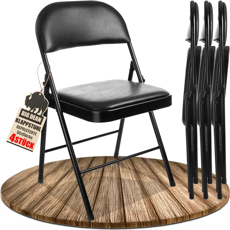BigDean Klappstuhl 4 Stück gepolstert Klappstühle schwarz Metall Stuhl mit Kunstlederbezug robust bis 130 kg belastbar