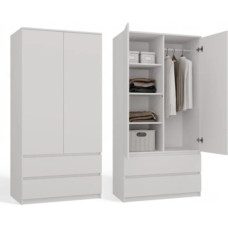 CDF Kleiderschrank Weiß 90cm Breit Kinderzimmer Schlafzimmer 2 Schubladen 2-türig Kleiderschrank Zweitüriger Schrank Moderne Look Alles für die Montage Inklusive Garderobenschrank Klamotten Spielzeuge