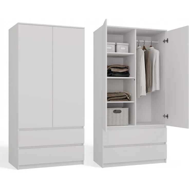 CDF Kleiderschrank Weiß 90cm Breit Kinderzimmer Schlafzimmer 2 Schubladen 2-türig Kleiderschrank Zweitüriger Schrank Moderne Look Alles für die Montage Inklusive Garderobenschrank Klamotten Spielzeuge