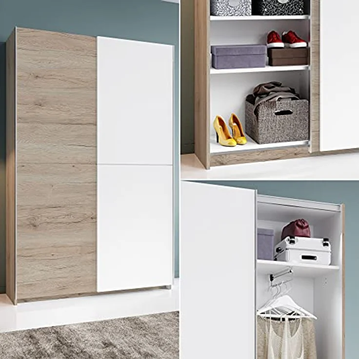 Stella Trading FAST Eleganter Kleiderschrank / Garderobenschrank mit viel Stauraum - Vielseitiger Schwebetürenschrank in San Remo Optik, weiß - 125 x 195 x 38 cm (B/H/T) – Bild 8