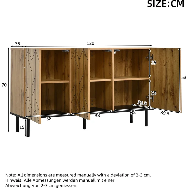 DESVIAE Sideboard Naturholz aus Spanplatte – 120x70x35 cm – 3 Türen, Wellenmuster – Bild 10