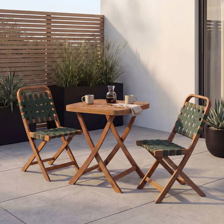 Garten-Set HWC-P70, Sitzgruppe Balkon-Set Garnitur 2x Stuhl Tisch, Seilgeflecht Akazie Holz klappbar ~ natur, grün