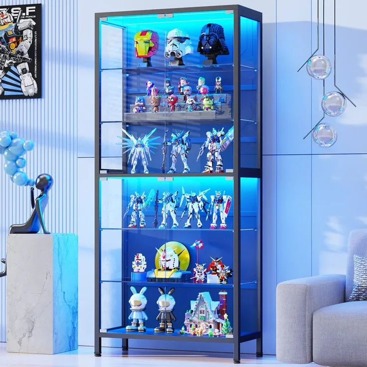 Glasvitrine 75x35x181 cm, 6-stöckige Vitrine mit LED-Beleuchtung, verstellbaren Glasböden und Sensor, Schwarz