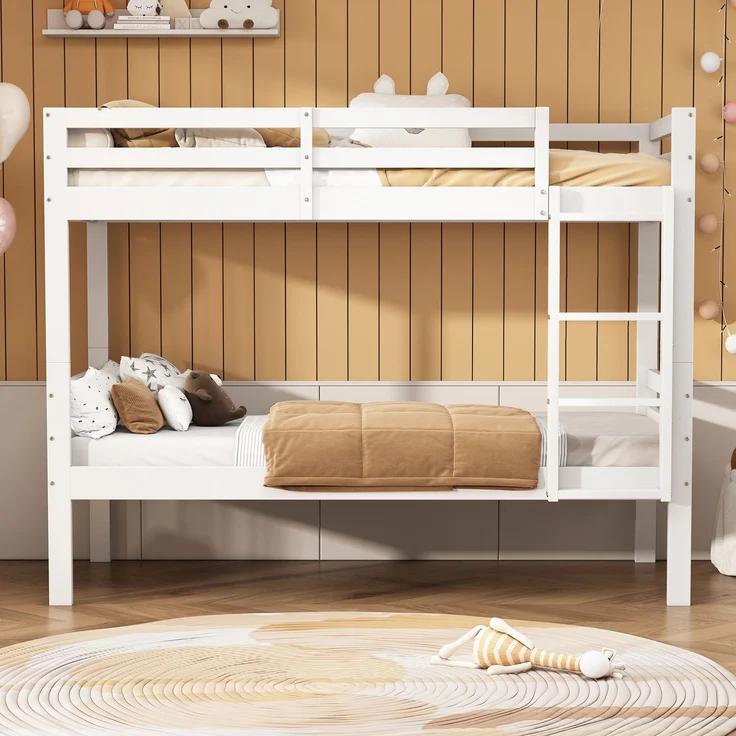 Etagenbett Kinderbett Weiß 90x200 Teilbar in 2 Einzelbetten mit Leiter Absturzsicherung Jugendbett Kiefer Holz Doppelstockbett – Bild 4