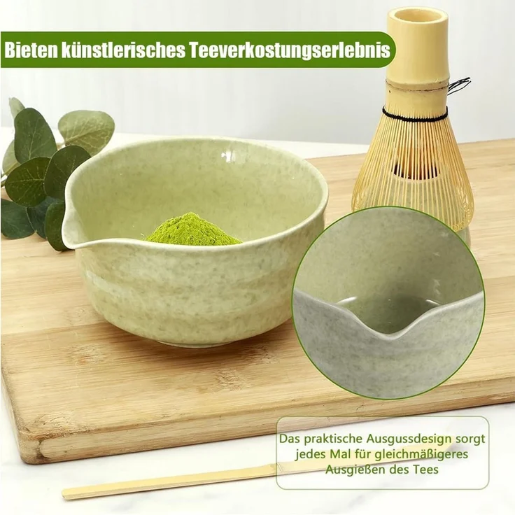TUWENA Teeschale 5er-Set Matcha-Set, Matcha-Rührer-Set, Matcha-Schüssel mit Ausgießer, Matcha-Rührer, Ständer, Matcha-Löffel, Teelöffel, Matcha Besen 5er-Set – Bild 4
