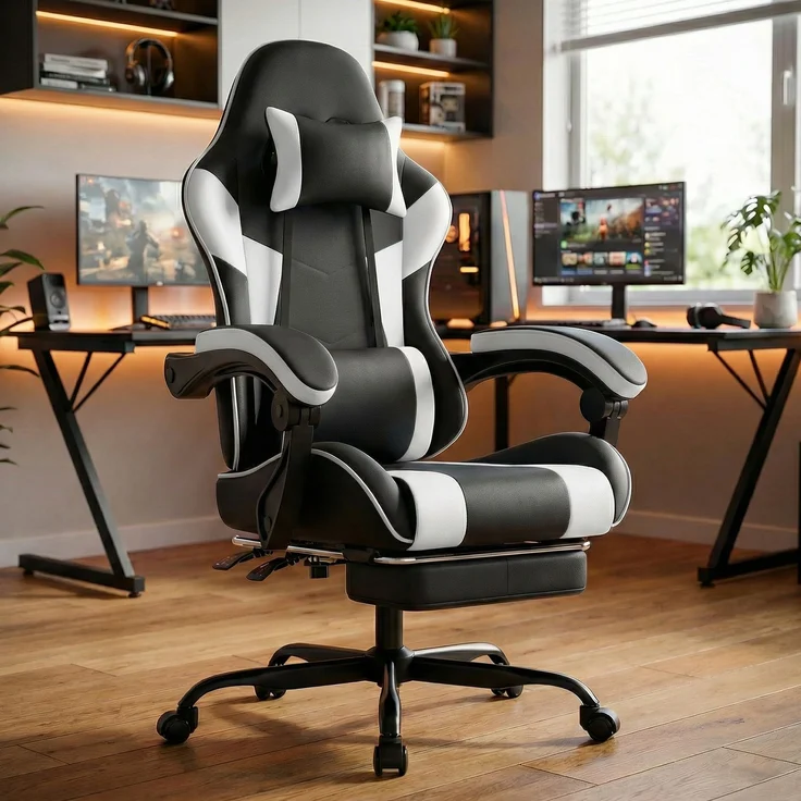 Gamingstuhl aus PVC mit verstellbarer Rückenlehne, Fußstützen und Rollen, 58,5x63x120,5 cm, Schwarz/Weiß – Bild 1