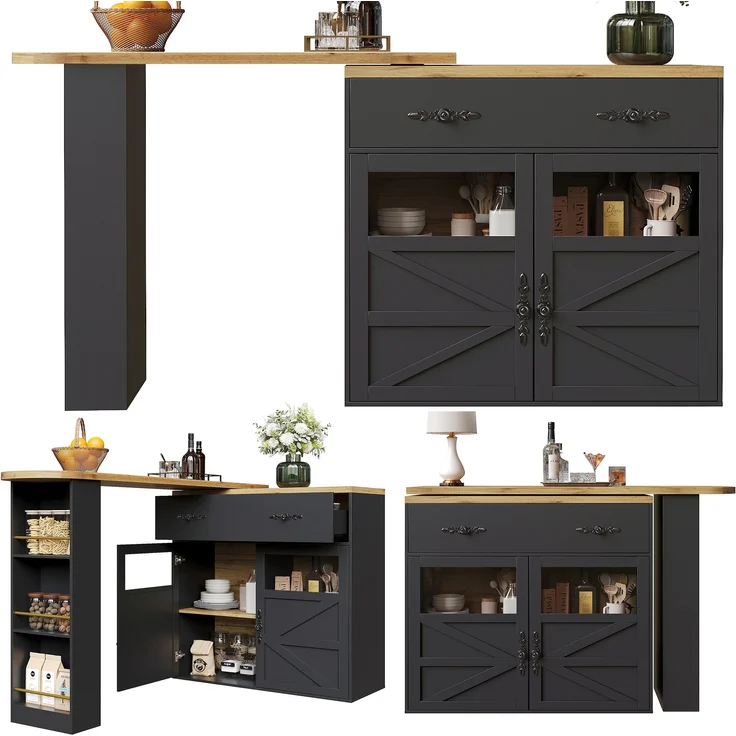 Ausziehbarer Bartisch Schwarz mit 360° Drehfunktion, MDF Tischplatte geprägt, Acryl-Türen, Aluminium-Griffe, Stauraum, 104cmx138-204cmx39cm – Bild 8