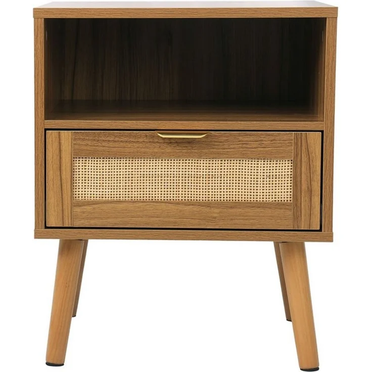 BBWL Nachttisch mit Rattan-Front, 1 Schublade, offenes Regal, Mid-Century-Design, Massivholzbeine, 45 x 40 x 55 cm – Bild 2
