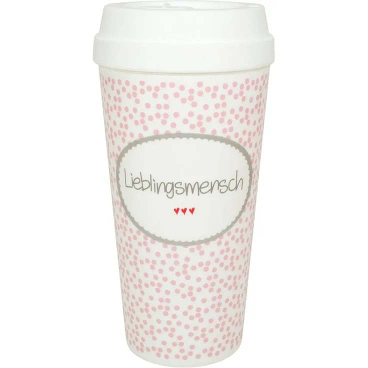 Süßer Coffee to go Becher „Lieblingsmensch“ – 350 ml, weiß mit rosa Punkten
