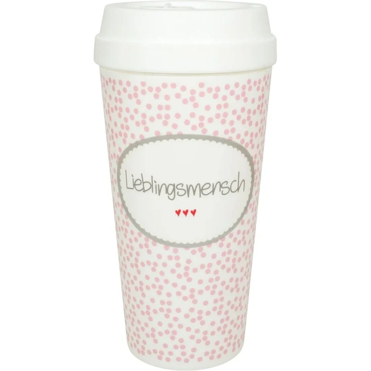 Süßer Coffee to go Becher „Lieblingsmensch“ – 350 ml, weiß mit rosa Punkten