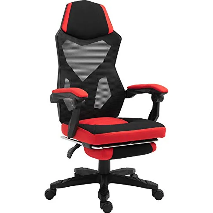 Vinsetto Bürostuhl mit Fußstütze, Höhenverstellbar, Ergonomisches Design, Rot & Schwarz