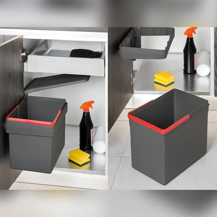 Emuca 8935423 Abfallsammler für möbeltür, Mülleimer 15L mit automatisch öffnendem Deckel und türmontage, grau anthrazit – Bild 8