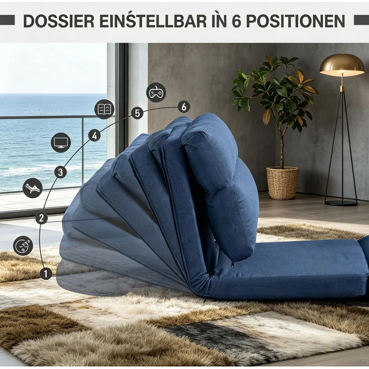 Wohnora-Dunkelblauer verstellbarer Boden-Lazy-Sessel 70x72x56cm, wandelbar zum Liegesofa mit 90°–180° Neigfunktion aus weichem Stoff,H 56cm x T 70cm x B 72cm,Blau – Bild 2