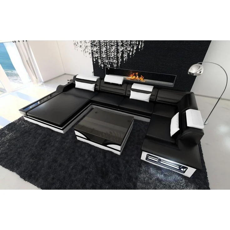 Mini Luxus-Wohnlandschaft Mezzo mit LED-Beleuchtung - Ledermix - Schwarz-Weiß - Links – Bild 5