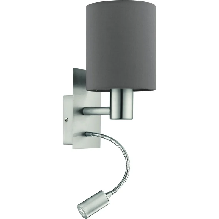 EGLO Wandlampe Bett Pasteri, Textil Wandleuchte Schlafzimmer mit LED Leseleuchte, Leselampe Wandmontage aus Metall in Silber und Stoff in Anthrazit Braun, E27 Fassung