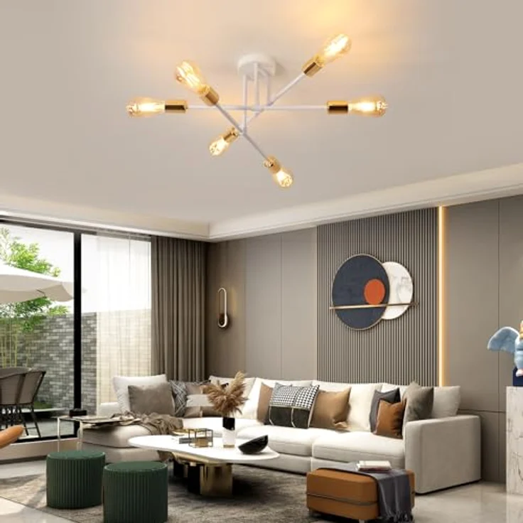 Deckenleuchte Vintage, 6 Flammig E27 60 cm Deckenlampe Sputnik Kronleuchter Modern für Wohnzimmer Esszimmer Küche Flur, Weiß & Gold Max. 60 W (Ohne Glühbirnen) – Bild 8