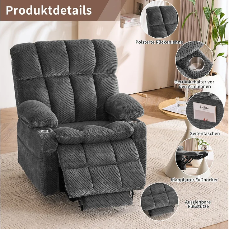 TV-Sessel mit Flanellbezug, Aufstehhilfe & Massagefunktion, 91x91x106,5 cm, Grau – Bild 6