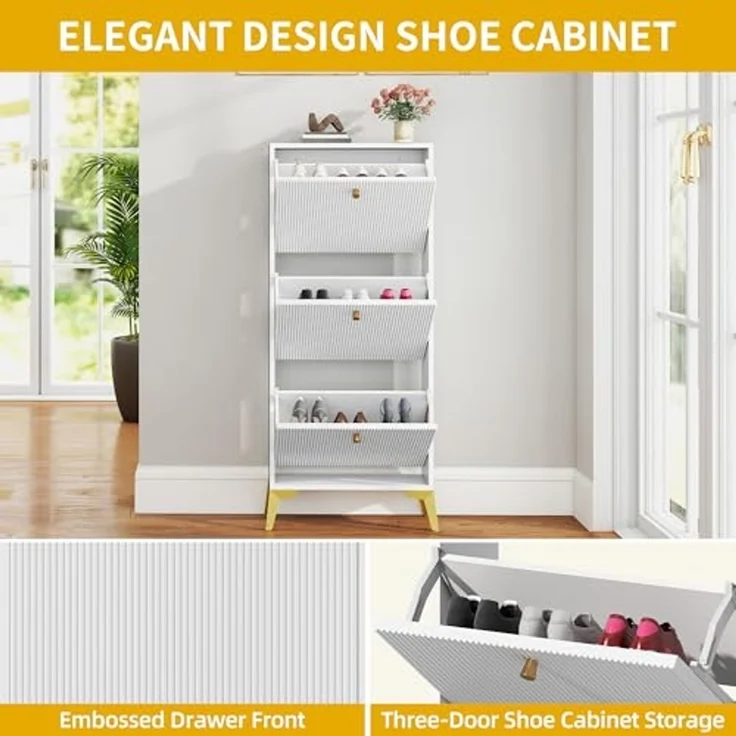 DWVO Schuhschrank für Flur, Schuhschranks mit 3 Schubladen, verstellbare und abnehmbare Trennwand, freistehender Schuhständer für Flur, Eingang, Wohnzimmer, Weiß – Bild 5