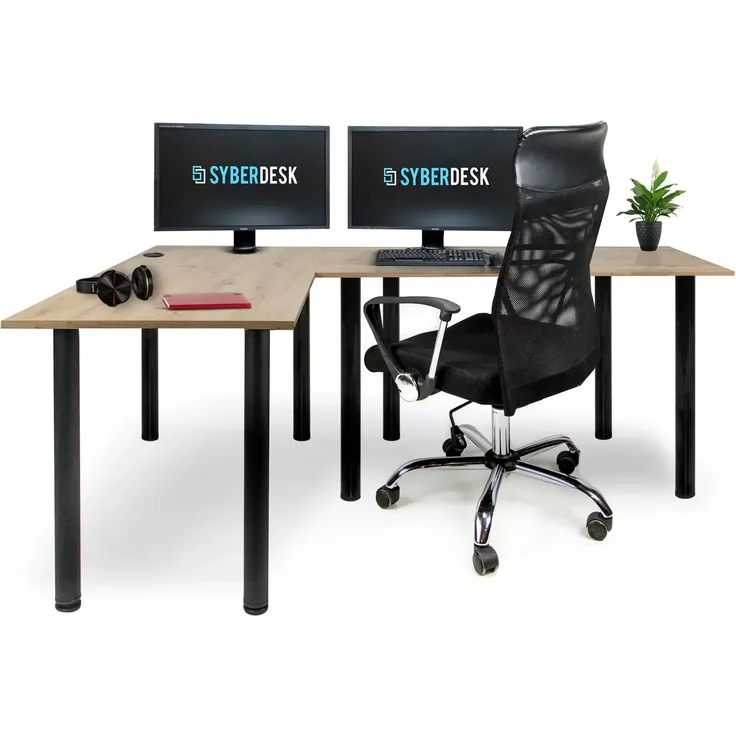 SyberDesk Gaming Pro Eckschreibtisch 197 x 132 cm – großer Computertisch, Eckschreibtisch, Schreibtisch für Büro & Gaming (links, Eiche)