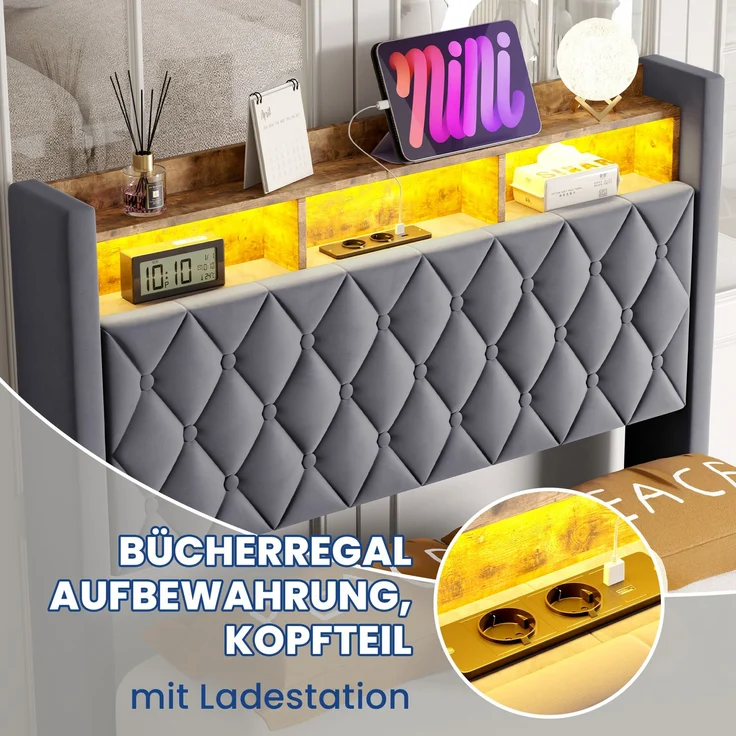 Luxuriöses Polsterbett aus Samt mit hochelastischer Polsterung & Lattenrost, ohne Matratze, 140x190 cm, Dunkelgrau – Bild 5