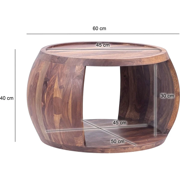 FineBuy Couchtisch Sheesham Massivholz rund 60cm · Wohnzimmertisch mit Ablagefach · Handgefertigter Sofatisch aus Echtholz im natürlichen Landhaus Design – Bild 3