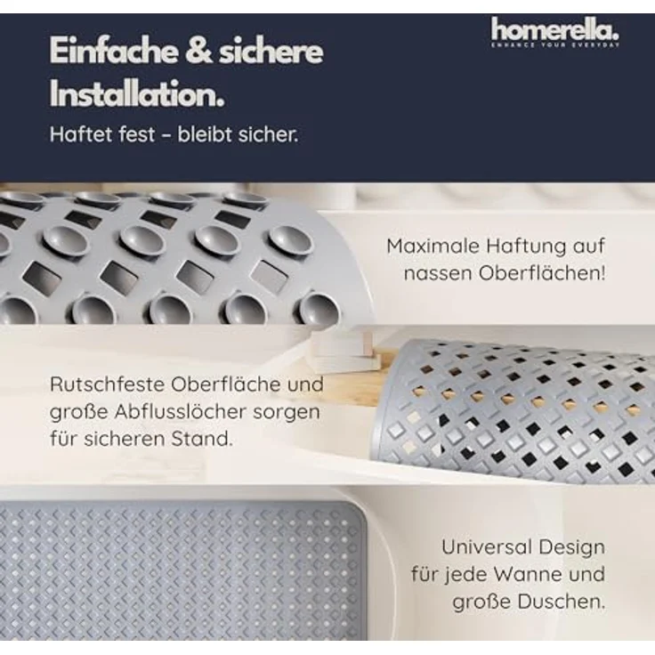 Homerella Badematte rutschfest Hautsensitiv 88x39cm, INKL. AUFHÄNGUNG, Antirutschmatte Badewanne BPA frei, Duschmatte schimmelresistent & maschinenwaschbar – Bild 5