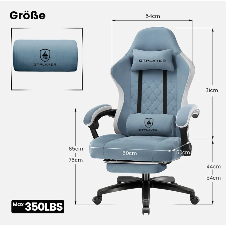 GTPLAYER Gaming Stuhl Stoff, Gaming Sessel mit Taschenfederkissen, ergonomischer Drehstuhl, Gamer Stuhl mit Fußstütze150 kg Belastbarkeit, hellblau – Bild 2