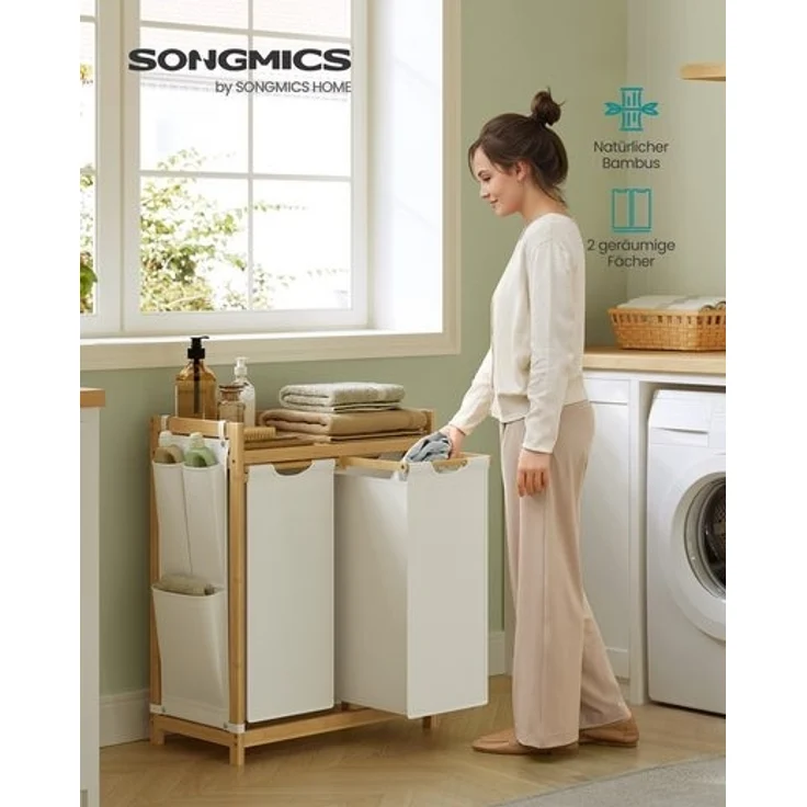 SONGMICS Wäschekorb, 2 Fächer, Bambus, 100 L, mit Ablage, kleine seitliche Taschen, 2 x 50 L, cremeweiß, 63 x 33 x 78 cm – Bild 2