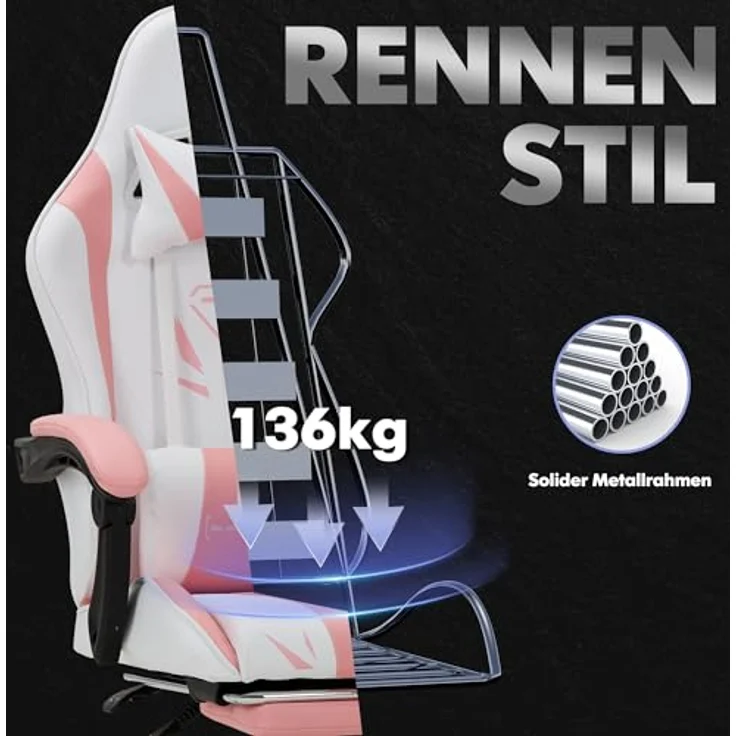COLAMY Gaming Stuhl, Computer Stuhl mit Fußstütze und Lendenwirbelstütze, höhenverstellbarer Gaming Chair mit 360°-Drehsitz und Kopfstütze, Video Gamer PC Stuhl, Ergonomische hohe Rückenlehne, Rosa – Bild 10