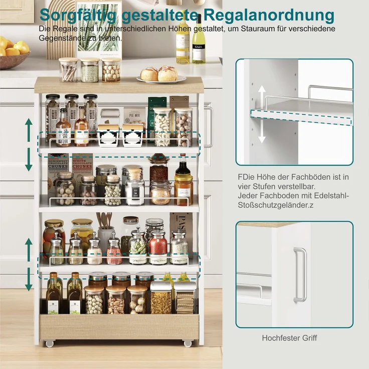 ZUBALIYA Nischenwagen 55 x 12 x 85 cm – 4 verstellbare Fachböden, 4 Lenkrollen, 25 mm Oberplatte, Geländer, MDF, Weiß, Naturfarben – Bild 3