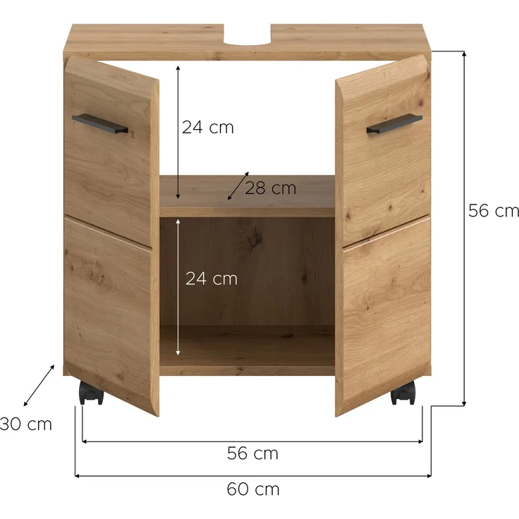 Ice Waschbeckenunterschrank auf Rollen in Artisan Oak Nachbildung