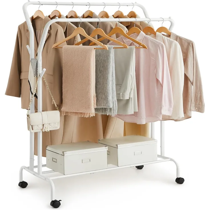 SONGMICS Kleiderständer auf Rollen, 2 Kleiderstangen, Garderobenstange, Garderobenständer aus Stahlrohren, bis 100 kg belastbar, 103,5 cm breit, multifunktionale Aufbewahrung, weiß HSR107W01