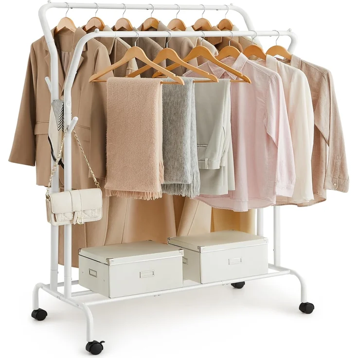 SONGMICS Kleiderständer auf Rollen, 2 Kleiderstangen, Garderobenstange, Garderobenständer aus Stahlrohren, bis 100 kg belastbar, 103,5 cm breit, multifunktionale Aufbewahrung, weiß HSR107W01 – Bild 1
